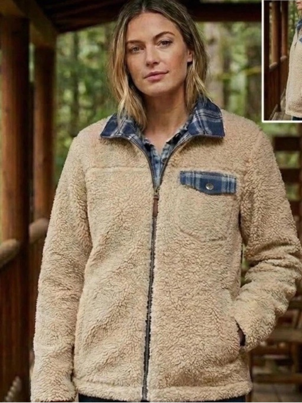 Pendleton Sherpa Zip-Up Fleece Jacket with Plaid Trim - Beige, Oatmeal